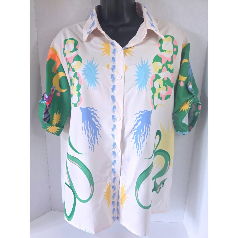 SHEIN Alemais Inspired Eclectic Snake Print Button Up Shirt Short Roll Tab Slv M